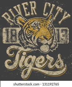 Vector three color retro "Tigers" athletic design complete with tiger head mascot illustration, vintage athletic fonts (designed by myself) and matching textures (all on separate layers, of course).