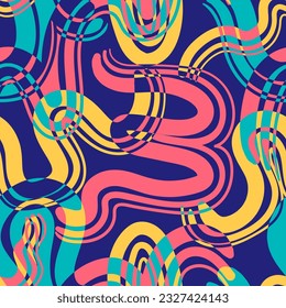 vector three colors freeform lines overlapped seamless pattern on blue