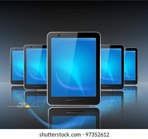 Vector with three computer tablet on the grey background and reflection