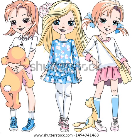 Vector Three cute blond and redhead girls in dresses, shorts and sneakers