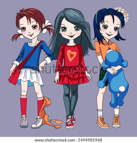 Vector Three cute brunette girls in dark dresses, shorts and sneakers