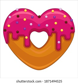 vector three dimensional drawing donut heart with pink icing and colored sugar balls on a white background