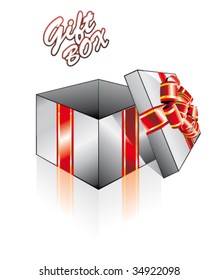 VECTOR Three Dimensional Open Gift Box With Red and Gold Ribbon and Shadow
