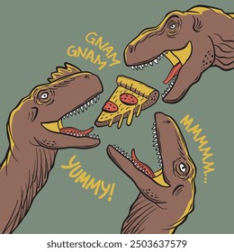 Vector of three dinosaurs greedily eating pizza