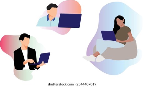 Vector of three diverse coworkers collaborating around a laptop. Two men and one seated woman work together in a modern office. Ideal for teamwork, tech, or business visuals emphasizing productivity.