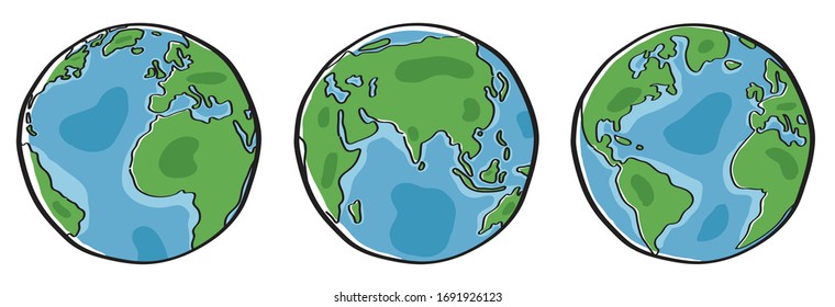 Vector of three Earth isolated on white background. Free Hand drawn style.
