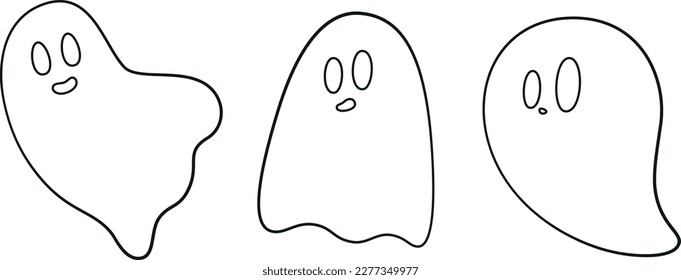Vector of three endearing ghost characters designed specifically for use in Halloween celebrations and decorations, created in outline style