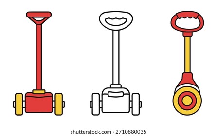 Vector tres con scooters de tres ruedas en amarillo rojo y variaciones de contorno. Diseño escalable adecuado para diversas aplicaciones.