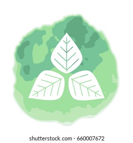 Vector three flat leaves on watercolor background logo