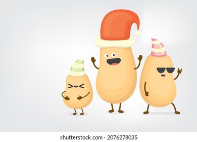 vector three friends kids potato characters with santa hats having fun isolated on grey background. Merry Christmas  vector illustration. funky kids potato with friends. Christmas party concept