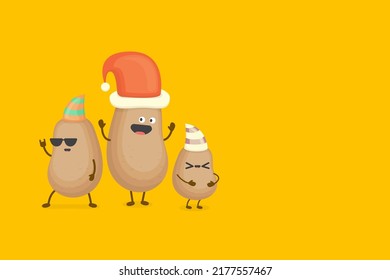 vector three friends kids potato characters with santa hats having fun isolated on orange background. Merry Christmas vector illustration. funky kids potato with friends. Christmas party concept