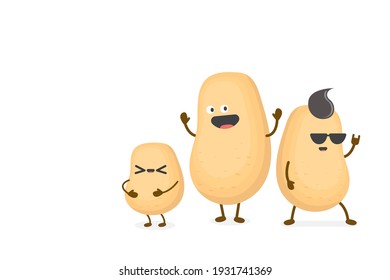 vector three friends tiny kids potato characters having fun isolated on white background. Happy Friendship day vector illustration. funky kids potato with friends. Friendship party concept