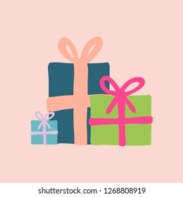 Vector of three green, pink, blue and lilac christmas gifts.