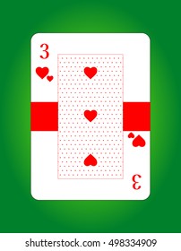 Vector of three of hearts. Playing card. Poker card. Isolated on green background.