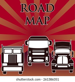 vector three heavy trucks drive on road from sun background
