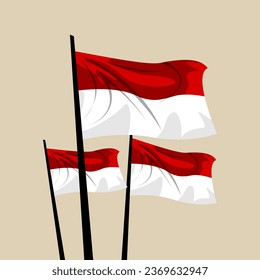 vector of three Indonesian flag poles. red and white flag