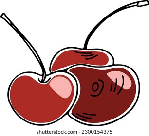 Vector three lineart style red cherries in a bunch isolated on white background