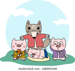 Vector three little cute pigs   big bad wolf flat doodle hand draw cartoon character design graphic