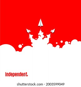 vector of three paper planes and white smoke on a red background with independent writing, celebration, icons and symbols