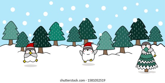 vector of three penguins are walking in the pine tree forest and snow is falling in Christmas day illustration background