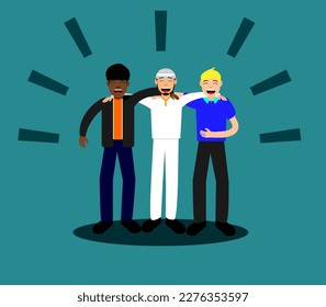 vector, Three people embracing each other of different races and laughing together, laughing man Towards zero racial discrimination