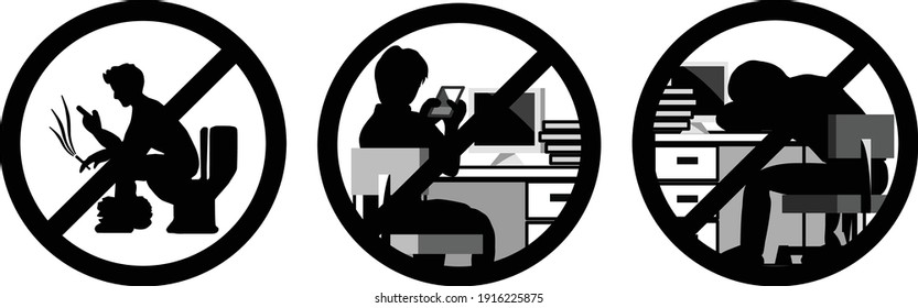 The vector of three pictures that showing about signs of do not play  the phone during working hours. Do not sleep during work, And no smoking in the toilet.