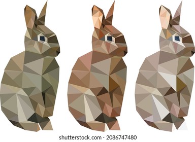 Vector of three polygonal rabbits with natural color pattern