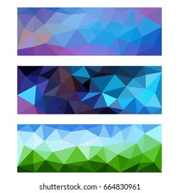 a vector of three rectangular covers of polygon graphics in different shades