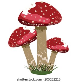 Vector of three red mushrooms with grass