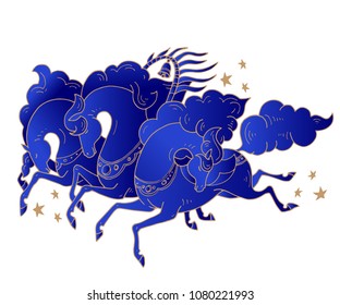 Vector Three Russian horses with stars in rusian style. Troika galloping horses in blue and gold colors on white background. For creation of greeting cards, posters, banners, souvenirs, T-shirt design