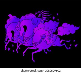 Vector three Russian horses with stars in rusian style. Troika galloping horses in neon blue color on black background. For creation of greeting cards, posters, banners, souvenirs, T-shirt design