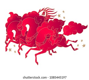 Vector three Russian horses with stars in russian style. Troika galloping horses in red flame colors on white background. For creation of greeting cards, posters, banners, souvenirs, T-shirt design