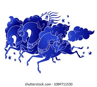 Vector three Russian horses with stars in russian style. Troika galloping horses in blue colors on white background. For creation of greeting cards, posters, banners, souvenirs, T-shirt design