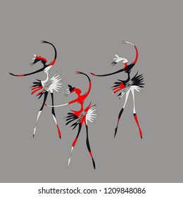 Vector three silhouette young slim elegant girl ballerina dancer modern ballet cartoon flat figure with abstract color bright pattern on gray background isolate costume idea