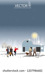 vector three sister and brother coming back to hometown and meet parent on blue house background.country style