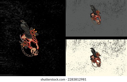 Vector of three skull illustrations with perched birds in different poses