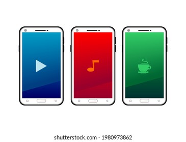 vector de tres smartphones con signo de juego, notas y taza de café en pantalla táctil, ilustración plana, sobre fondo blanco