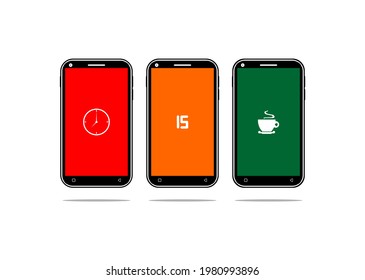 Vektorgrafik von drei Smartphones mit Zeitstempel und Kaffeetasse auf Touchscreen, Symbol, Hintergrund
