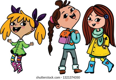 vector three smiling girls on white background