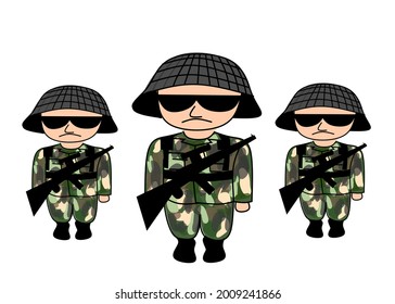 Vector a tres soldados con uniforme completo y armas