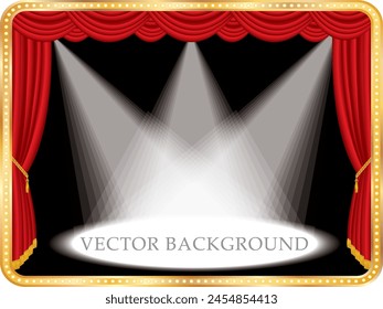 vector three spotlights on red curtain stage with sample text in separate layer