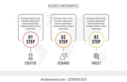 Vector three step line infographic from circles with icons and squares. Modern timeline concept for chart, levels, web, diagram, banner, presentations, business, diagram, flowchart