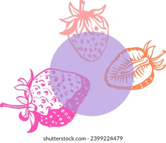 Vector three strawberries with leaves riso print effect isolated on white background