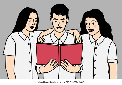 Vector of three students, intern, worker, two women one man holding a red book 