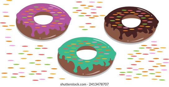 Vector tres donuts dulces cubiertos con un colorido icono de cristal y salpicados con rociadas alrededor de las donuts sobre una ilustración vectorial realista de fondo blanco.