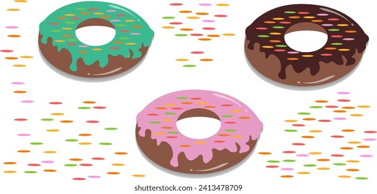 Vector three sweet donuts covered with colorful glaze icon and sprinkled with sprinkles around the donuts on a white background realistic vector illustration.