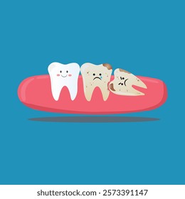 vector of three teeth with one wisdom tooth growing in a slanted position with each tooth having its own expression, suitable as an illustration of the position of the wisdom teeth