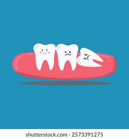 vector of three teeth with one wisdom tooth growing in a slanted position with each tooth having its own expression, suitable as an illustration of the position of the wisdom teeth