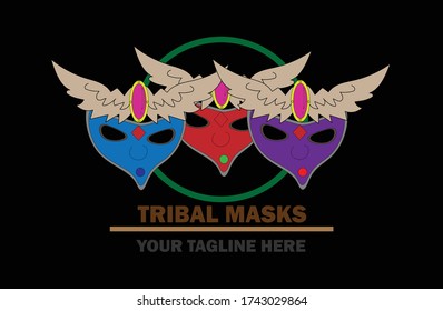 vector of three tribal masks with a black background