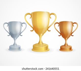 Vector three trophies. Gold, Silver and Bronze Cups